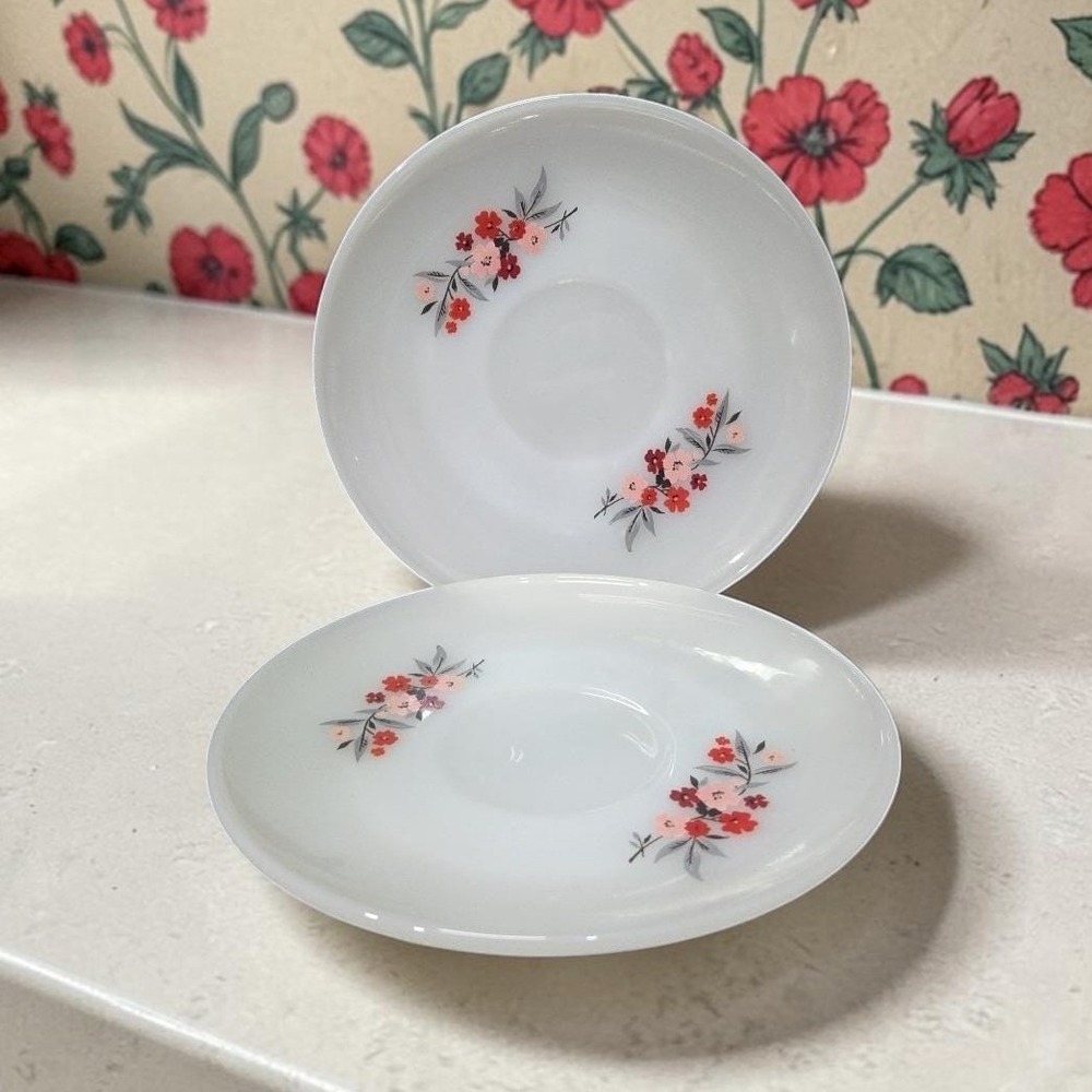 Anchor‎ Hocking Fire King Primrose Saucers, Set of 2, Vintage Floral Milk Glass